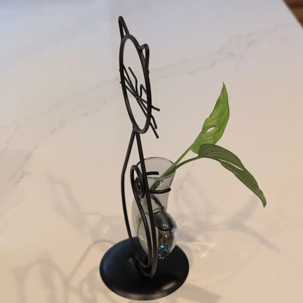 Black Wire Cat Hydroponic Desktop Smoky Glass Flower Vase Holder